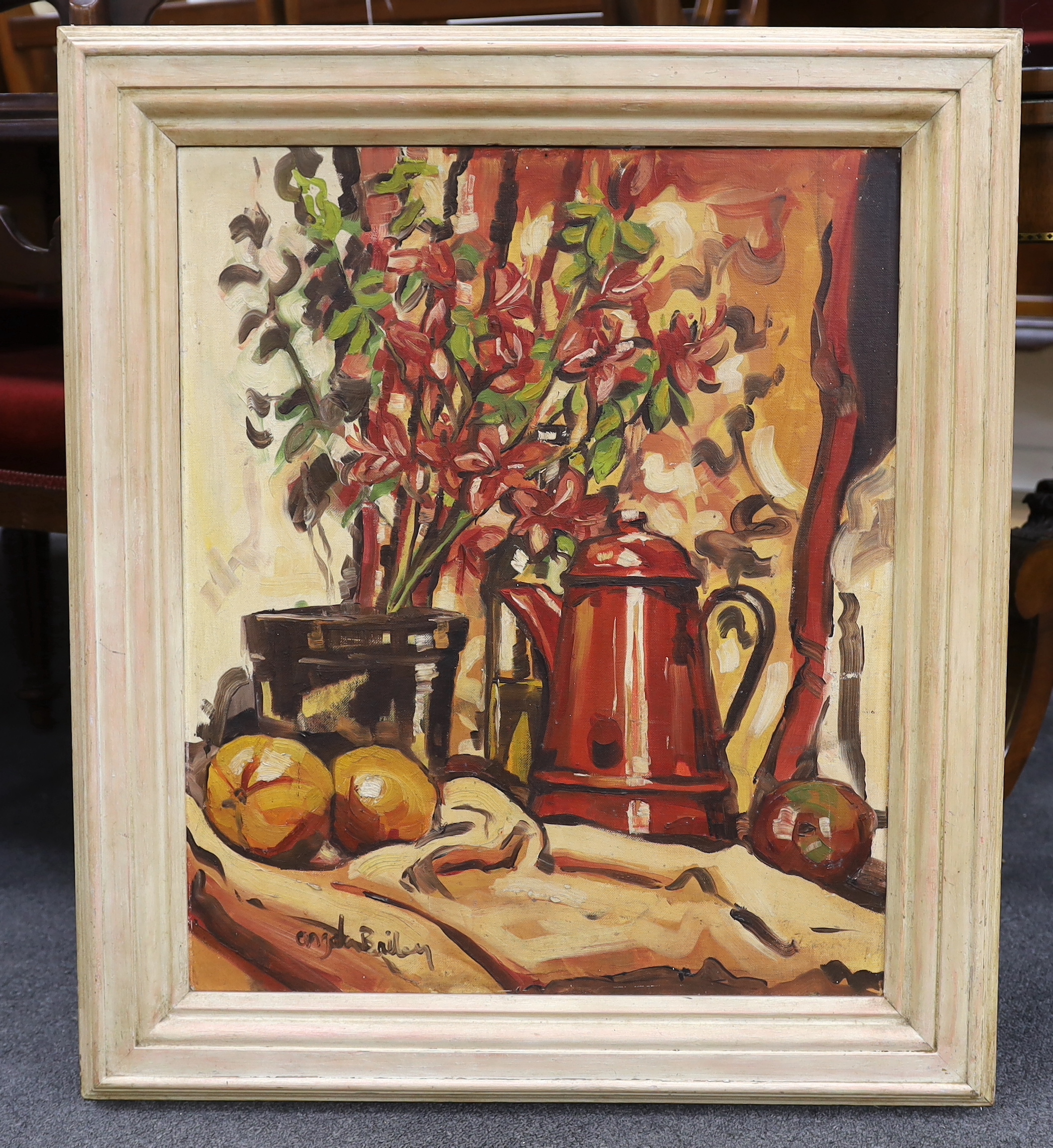 Angela Bailey (20th century), oil on artists board, Still life ‘’The red coffee pot and Azalea’’, signed, inscribed verso, 60 x 50cm